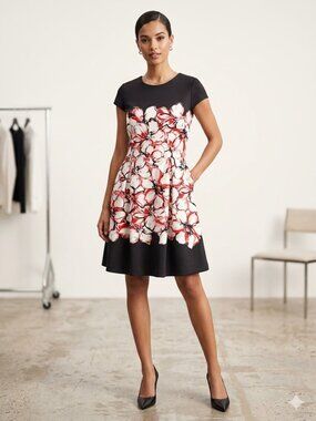 R&K Black Red Floral Scuba Fit & Flare Dress